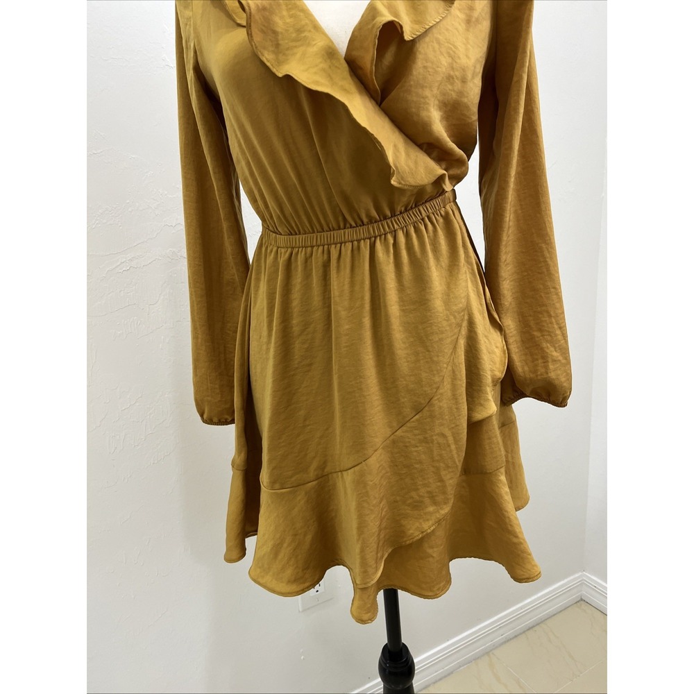 Express Faux Wrap Dress Womens XS Petite‎ Mustard Yellow Excellent Ruffle Mini - Picture 6 of 10